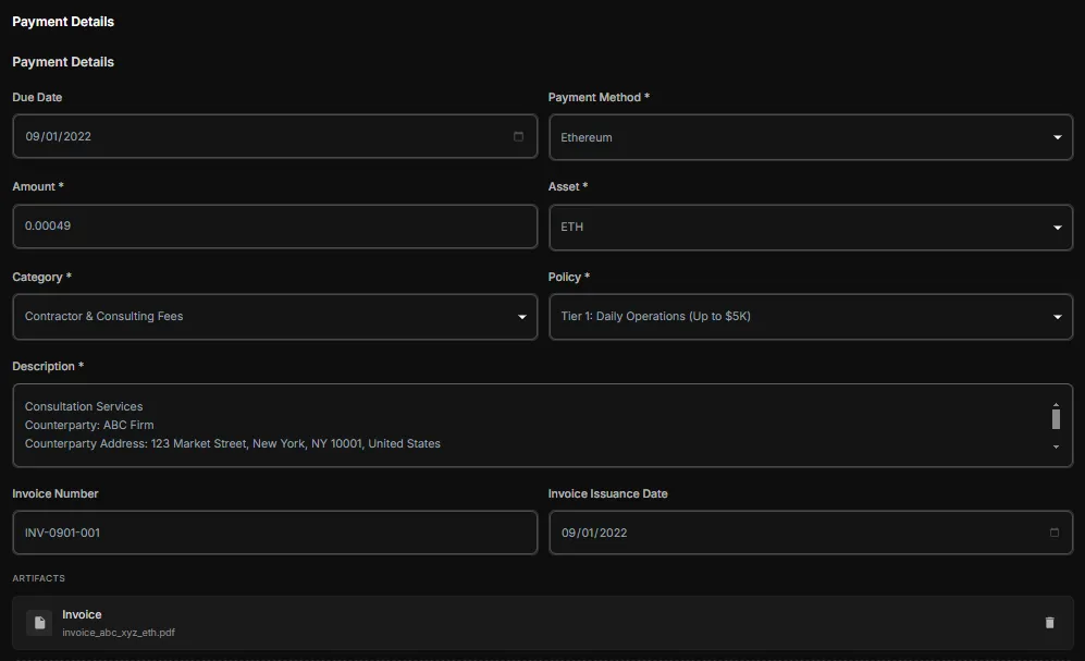Bill Pay dashboard showing uploaded invoices with recipients, amounts, and approval status