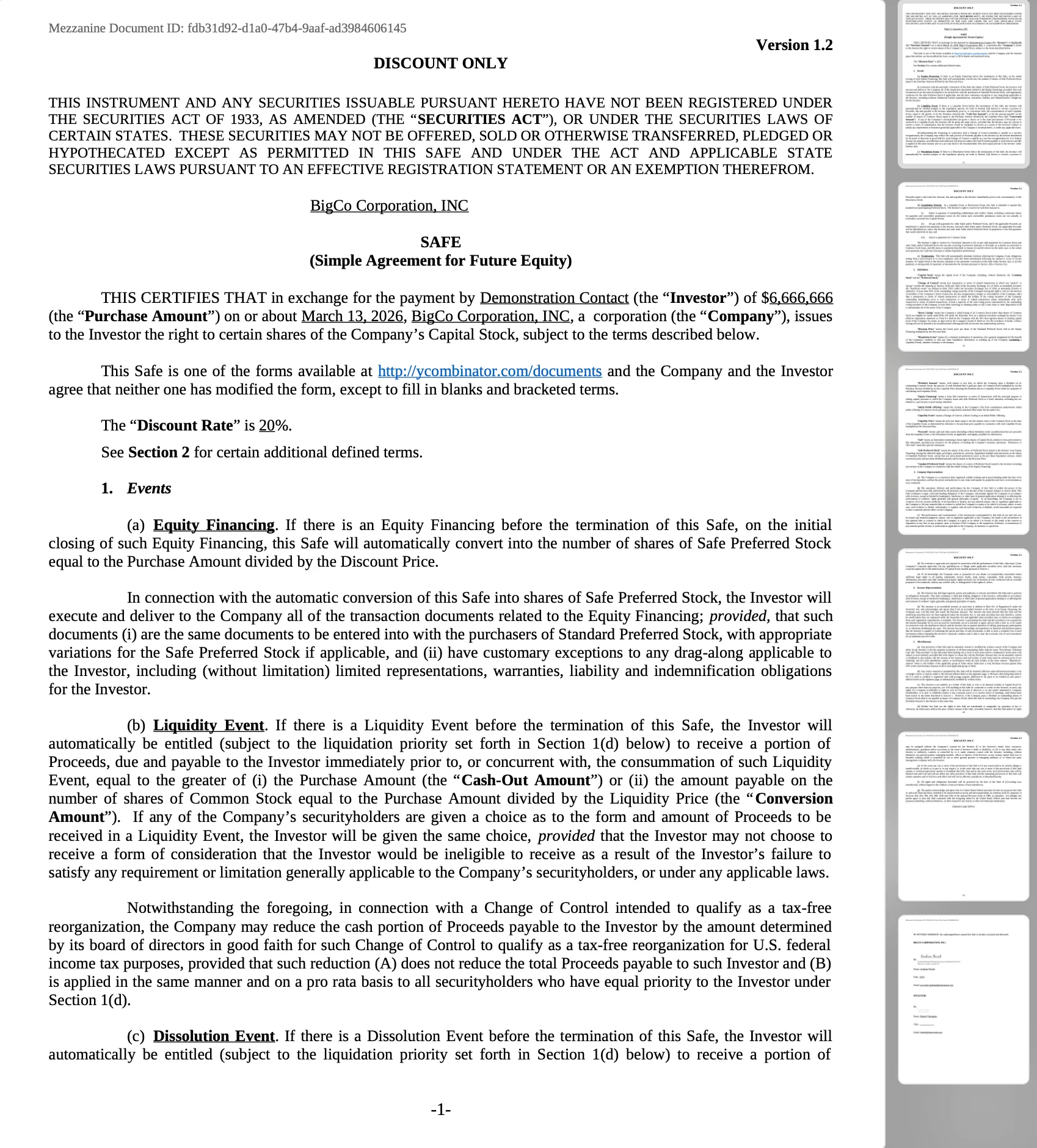 Generated SAFE agreement showing full legal text, company and investor details, discount rate, and YC standard terms with page thumbnails