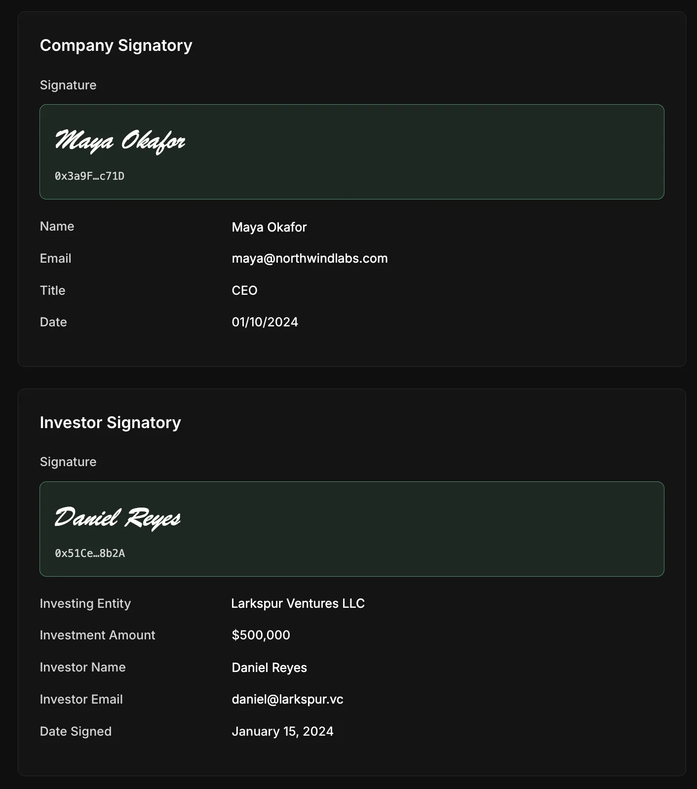 Company and investor signatures: Maya Okafor, CEO, signing for the company, and Daniel Reyes for Larkspur Ventures LLC, each with a masked wallet address, the investment amount and the date