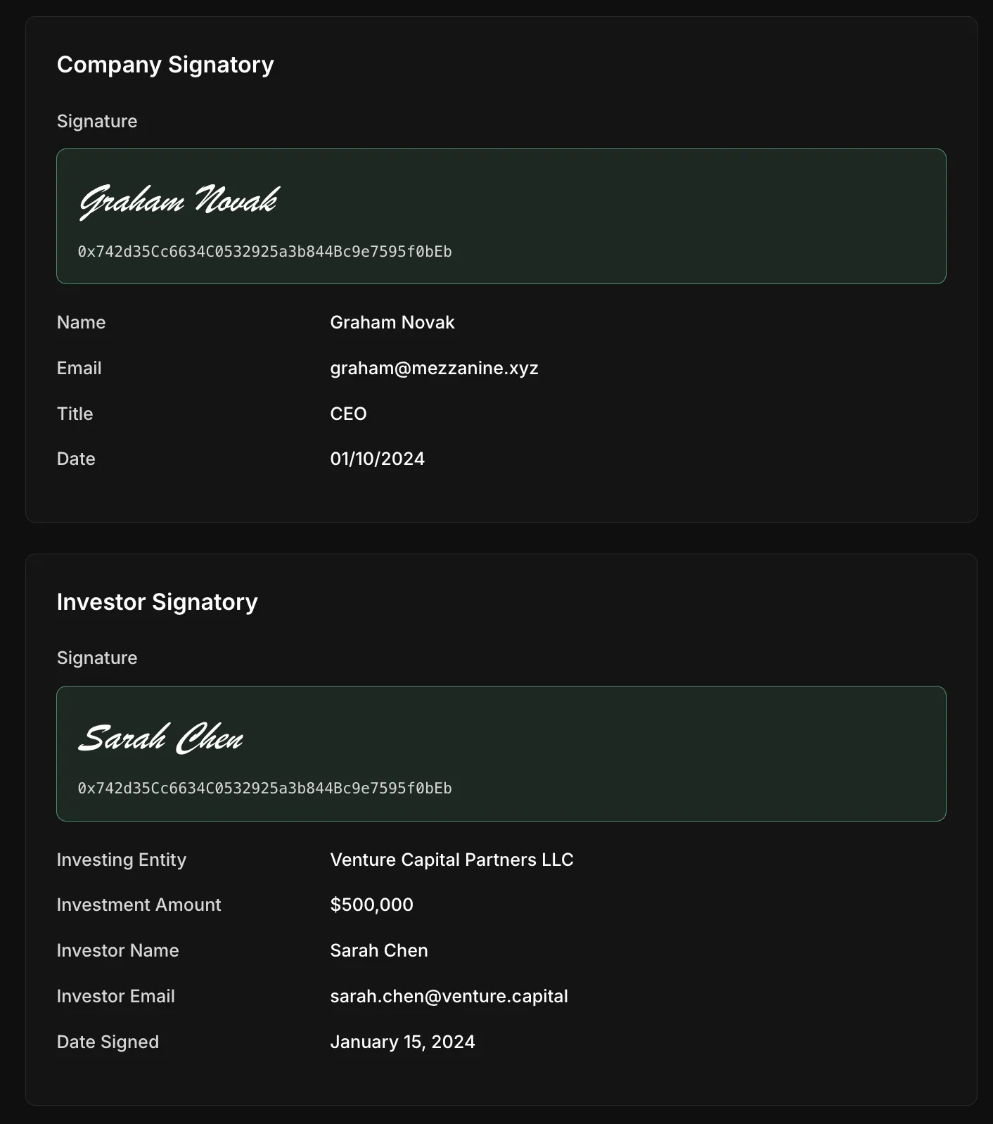 Company and investor cryptographic signatures showing wallet addresses, names, titles, investment amounts, and dates