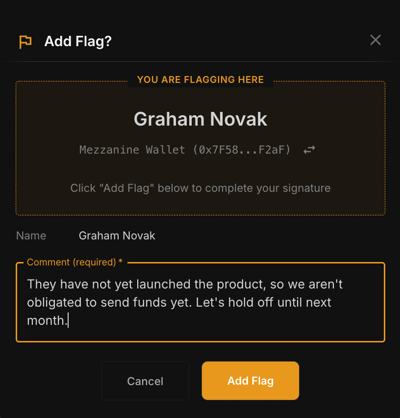 Add Flag modal with required comment field for flagging a payment for review