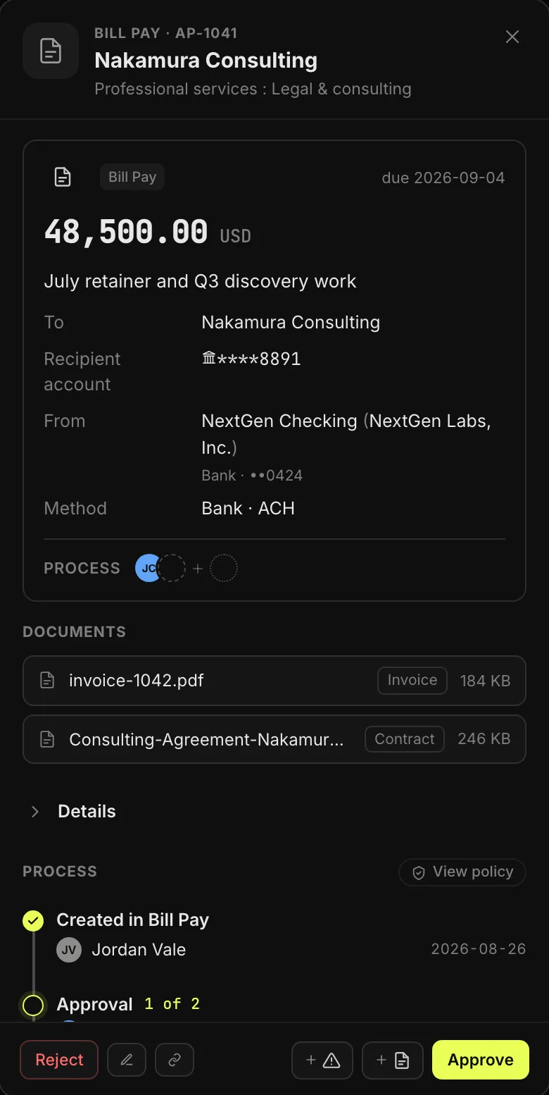 A bill waiting for approval: 48,500 USD to Nakamura Consulting by ACH from the company's checking account, with the invoice and contract attached, created by Jordan Vale, and the approval at 1 of 2