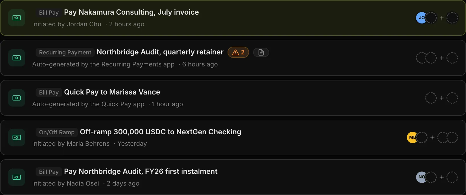 The approvals queue: a bill to Nakamura Consulting, a quarterly recurring payment, a Quick Pay to Marissa Vance, an off-ramp to the company's checking account and another bill, each showing its approval slots
