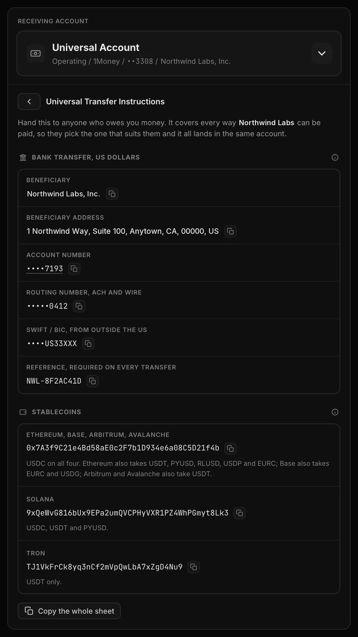 Universal Transfer Instructions for a Universal Account: beneficiary, masked account and routing numbers for ACH and wire, a masked SWIFT/BIC, a reference code, and stablecoin addresses for Ethereum, Base, Arbitrum, Avalanche, Solana and Tron
