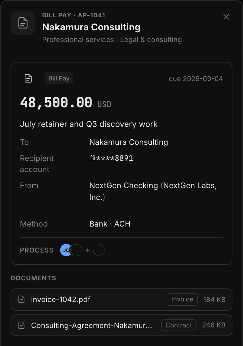 A Bill Pay payment of 48,500.00 USD to Nakamura Consulting for July retainer and Q3 discovery work, with its documents attached: invoice-1042.pdf, tagged Invoice, and the consulting agreement, tagged Contract