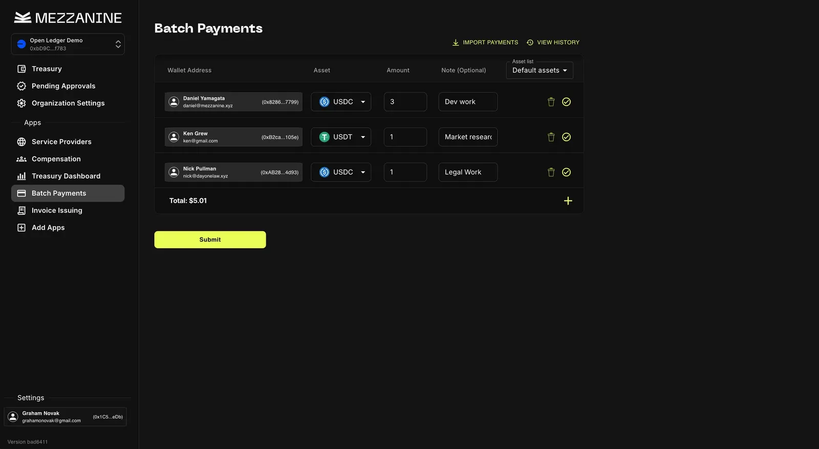 Batch Payments interface showing multiple recipients with contact, asset, amount, note fields and a Submit button