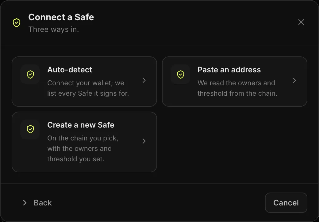 The Connect a Safe sheet, offering three ways in: auto-detect, paste an address, or create a new Safe