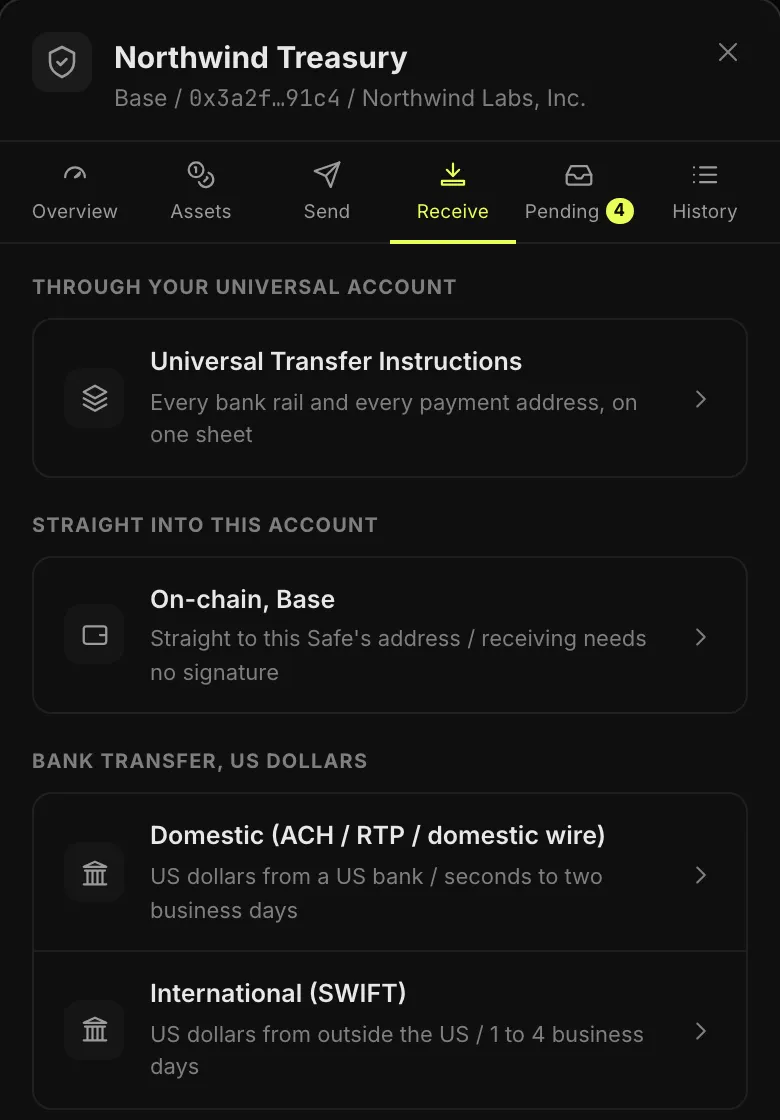 The Receive tab of Northwind Treasury, a Safe on Base: Universal Transfer Instructions with every bank rail and every payment address on one sheet, its address on Base, plus domestic (ACH, RTP, wire) and international (SWIFT) bank transfer options in US dollars