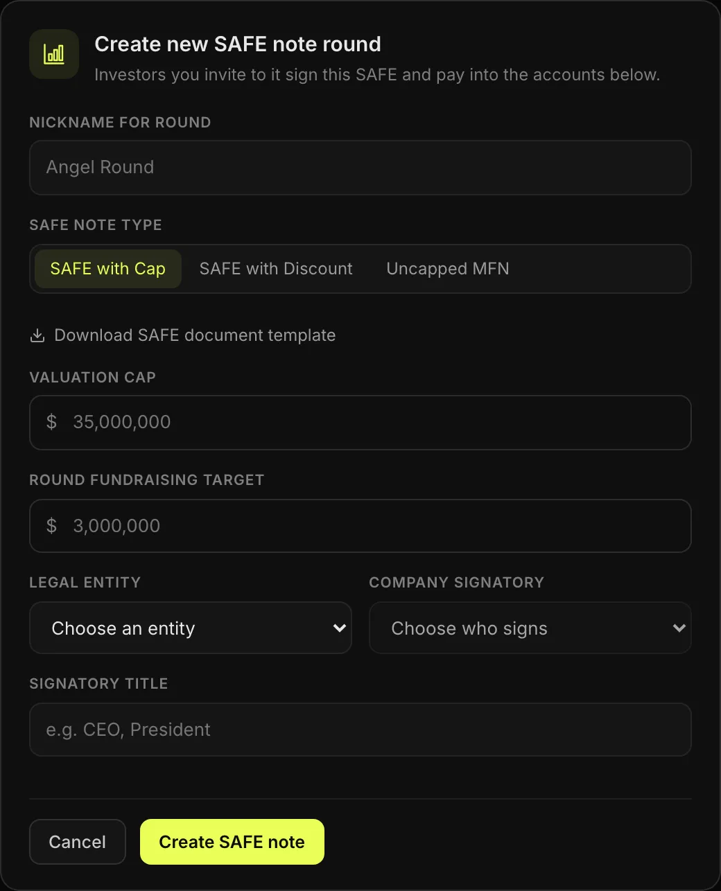 The Create new SAFE note round form: round nickname, SAFE type (cap, discount or uncapped MFN), valuation cap, fundraising target, legal entity, company signatory and signatory title
